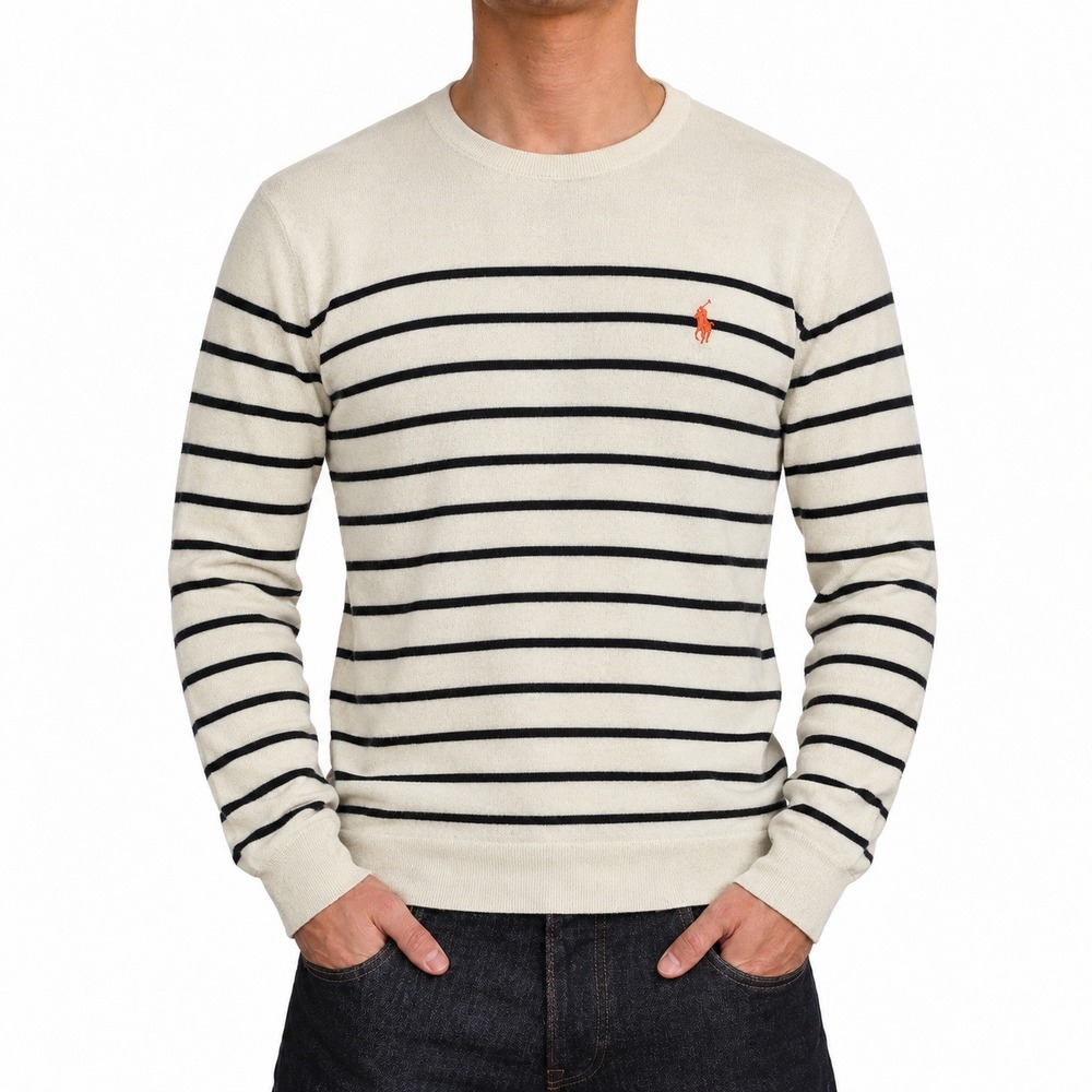 Polo Ralph Lauren Pima Cotton Striped Crewneck Sweater Cream Navy Mens S